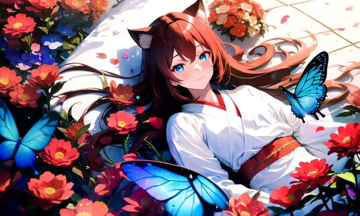 masterpiece, best quality, highres, 1girl, solo, abstract, colorful, from above,
depth of field, rim lighting, flowers, petals, butterfly, close-up,
raifu, dark red hair, straight hair, long hair, blue eyes, cat ears, on back,
(medium breasts:0.8), mature female, white japanese clothes, blush,