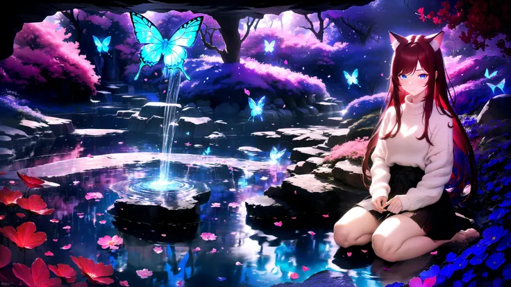 (masterpiece, best quality, highres), 1girl, raifu, solo, abstract, pov, seiza, heart,
BREAK
dark background, depth of field, rim lighting, flowers, petals,
crystals, cave, butterfly, vegetation, aura, magic, water,
BREAK
dark red hair, blue eyes, straight hair, cat ears, blush,
(medium breasts:0.8), mature female, white sweater,