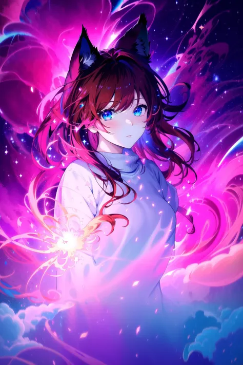 (masterpiece, best quality, highres), anime art style, pixiv, 1girl, solo,
supernova, abstract, abstract background, (bloom, swirling lights, light particles),
fire, galaxy, floating, romanticized, blush, looking at viewer,
dark red hair, blue eyes, straight hair, cat ears,
medium breasts, mature female, white sweater,