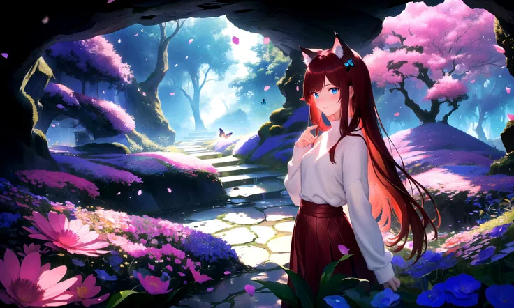 masterpiece, best quality, highres booru, 1girl, solo, abstract,
BREAK
scenery, depth of field, rim lighting, flowers, petals,
cave, butterfly, vegetation, aura, magic,
BREAK
raifu, dark red hair, straight hair, blue eyes, cat ears,
(medium breasts:0.8), mature female, white sweater, blush, slight smile,