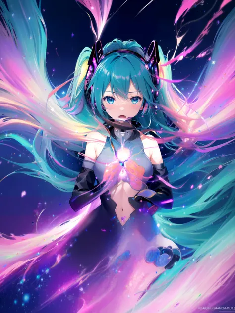 (masterpiece, best quality, highres), anime art style, pixiv, 1girl, solo,
supernova, abstract, abstract background, (bloom, swirling lights, light particles),
fire, galaxy, floating, romanticized, blush, looking at viewer,
hatsune miku, medium breasts, mature female,