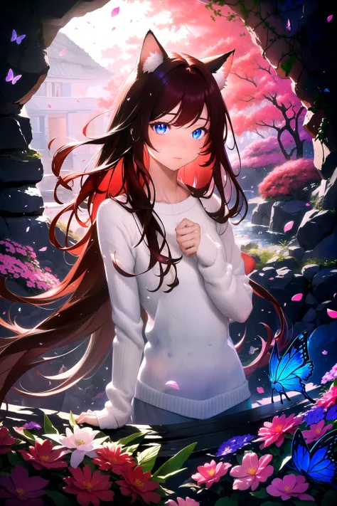 (masterpiece, best quality, highres), 1girl, raifu, solo, abstract, pov, close-up,
BREAK
dark background, depth of field, rim lighting, flowers,
petals, cave, butterfly, vegetation, aura, magic,
BREAK
dark red hair, blue eyes, straight hair, cat ears, blush,
(medium breasts:0.8), mature female, white sweater,