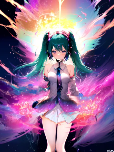 (masterpiece, best quality, highres), anime art style, pixiv, 1girl, solo,
supernova, abstract, abstract background, (bloom, swirling lights, light particles),
fire, galaxy, floating, romanticized, blush, looking at viewer,
hatsune miku, medium breasts, mature female,