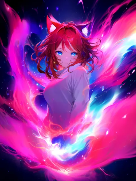 (masterpiece, best quality, highres), anime art style, pixiv, 1girl, solo,
supernova, abstract, abstract background, (bloom, swirling lights, light particles),
fire, galaxy, floating, romanticized, blush, looking at viewer,
dark red hair, blue eyes, straight hair, cat ears,
medium breasts, mature female, white sweater,
