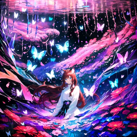 (masterpiece, best quality, highres), 1girl, solo, (abstract:1.4), pov,
BREAK
dark background, depth of field, rim lighting, (flowers, petals:1.2),
(crystals:1.2), cave, (butterfly:1.2), vegetation, aura, magic,
BREAK
raifu, dark red hair, blue eyes, straight hair, cat ears, blush,
(medium breasts:0.8), mature female, white sweater,