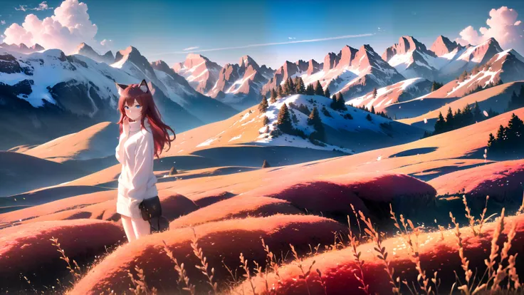 (masterpiece, best quality, highres), scenery, mountainous horizon,
BREAK
1girl, solo, raifu, dark red hair, blue eyes, straight hair, cat ears, blush, praying,
(medium breasts:0.8), mature female, white sweater, emotional, full body, far shot,