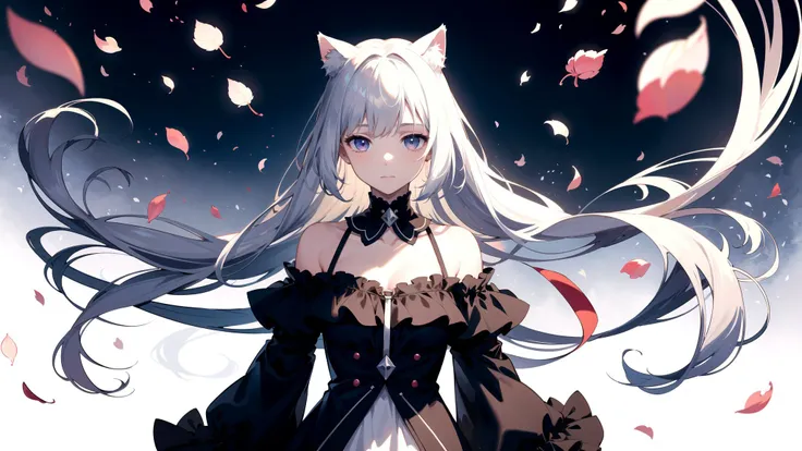 (masterpiece, best quality, highres), (1girl, long hair, floating, upper body, off shoulder, cat ears), (light particles, petals, floating object, abstract, abstract background),