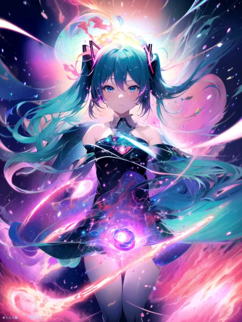 (masterpiece, best quality, highres), anime art style, pixiv, 1girl, solo,
supernova, abstract, abstract background, (bloom, swirling lights, light particles),
fire, galaxy, floating, romanticized, blush, looking at viewer,
hatsune miku, medium breasts, mature female,