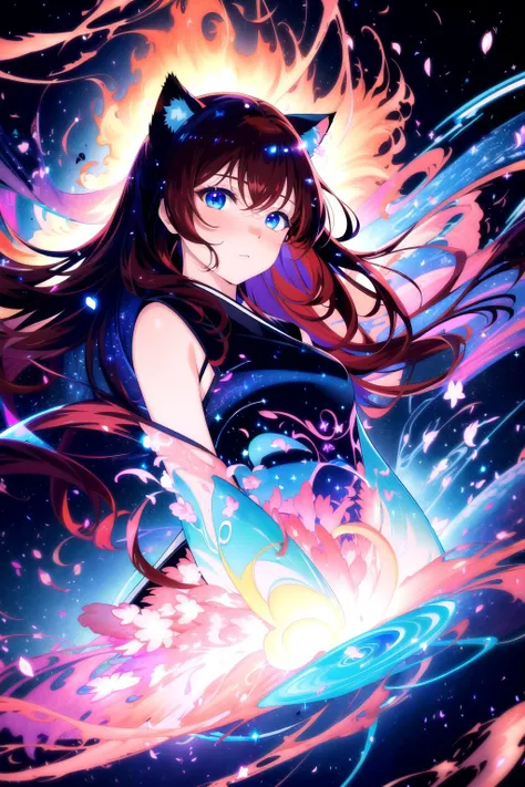 (masterpiece, best quality, highres), anime art style, pixiv, 1girl, solo,
abstract, abstract background, (bloom, swirling lights, light particles),
fire, galaxy, floating, romanticized, blush, looking at viewer, close-up,
dark red hair, blue eyes, straight hair, cat ears,
medium breasts, mature female, japanese dress,
