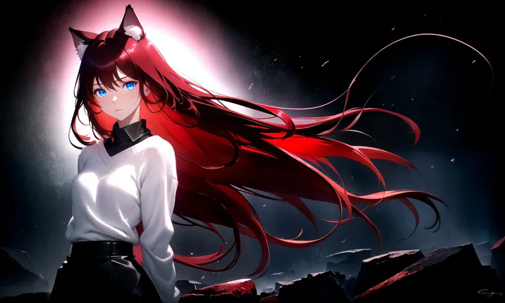 (masterpiece, best quality, highres), 1girl, solo, abstract,
dark background, pitch black background, rim lighting, soul lights, empty space,
BREAK
raifu, dark red hair, blue eyes, straight hair, cat ears,
medium breasts, mature female, white sweater,