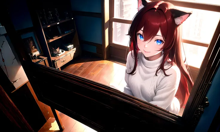 (masterpiece, best quality, highres), 1girl, raifu, solo, close-up, no humans, from above,
backrooms, horror \(theme\), indoors, dark, rim lighting, blood,
BREAK
dark red hair, blue eyes, straight hair, cat ears, crazy smile,,
(medium breasts:0.8), mature female, white sweater,