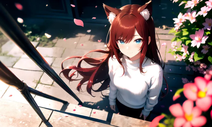 masterpiece, best quality, highres booru, 1girl, solo,
depth of field, rim lighting, flowers, petals, from above,
raifu, dark red hair, straight hair, long hair, blue eyes, cat ears, blush,
(medium breasts:0.8), mature female, white sweater, slight smile, close-up,
