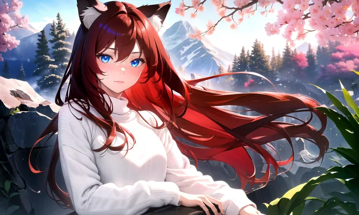 (masterpiece, best quality, highres), 1girl, solo,
raifu, dark red hair, blue eyes, straight hair, cat ears, blush,
(medium breasts:0.8), mature female, white sweater, sweatdrop,