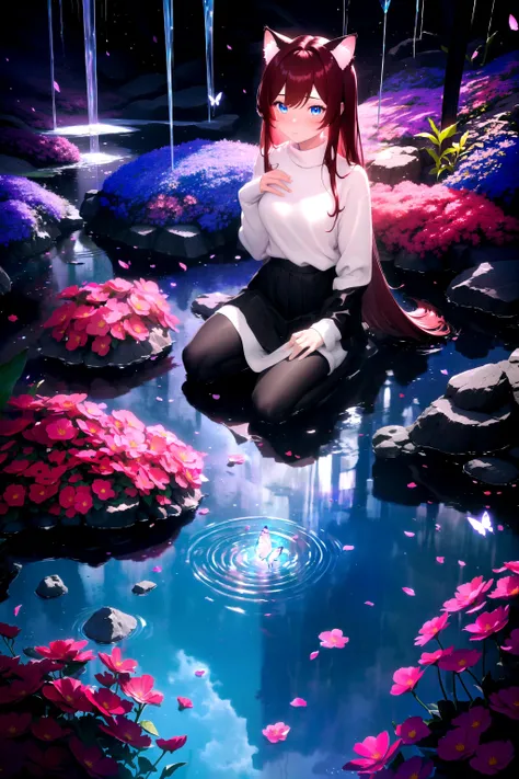 (masterpiece, best quality, highres), 1girl, raifu, solo, abstract, pov, seiza,
BREAK
dark background, depth of field, rim lighting, flowers, petals,
crystals, cave, butterfly, vegetation, aura, magic, water,
BREAK
dark red hair, blue eyes, straight hair, cat ears, blush,
(medium breasts:0.8), mature female, white sweater,