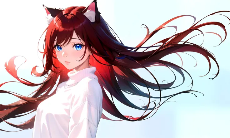 (masterpiece, best quality, highres), 1girl, solo, abstract, simple background,
dark red hair, blue eyes, straight hair, cat ears, blush,
(medium breasts:0.8), mature female, white sweater,