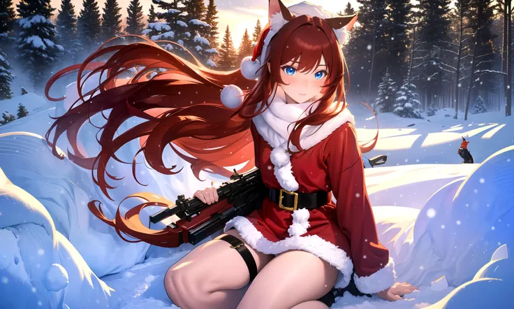 (masterpiece, best quality, highres), 1girl, solo, pov, snow, forest, christmas,
raifu, dark red hair, blue eyes, straight hair, cat ears, blush, santa hat,
(medium breasts:0.8), mature female, santa costume, full body,