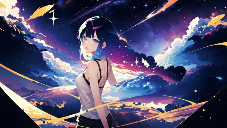 (masterpiece, best quality, highres), (1girl, (mature female), long hair, blue eyes), (floating, space, galaxy, colorful), <lora:hair_with_scenery:1>
