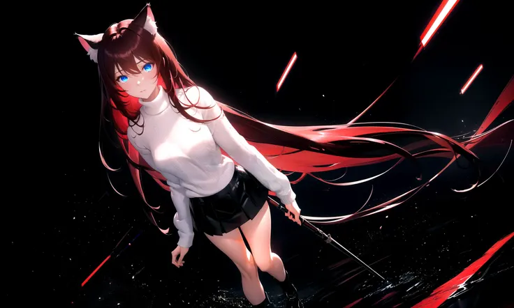 (masterpiece, best quality, highres), 1girl, solo, abstract, full body, pov,
dark background, pitch black background, rim lighting, soul lights, empty space,
BREAK
raifu, dark red hair, blue eyes, straight hair, cat ears,
medium breasts, mature female, white sweater,