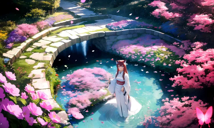 masterpiece, best quality, highres, 1girl, solo, abstract, colorful, from above,
scenery, depth of field, rim lighting, flowers, petals, butterfly,
raifu, dark red hair, straight hair, long hair, blue eyes, cat ears, on back,
(medium breasts:0.8), mature female, white japanese clothes, blush,