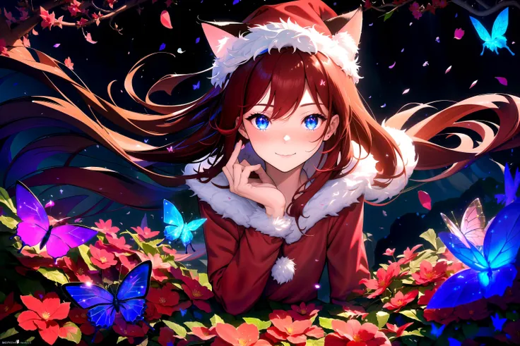 (masterpiece, best quality, highres), 1girl, solo, abstract, pov, close-up,
BREAK
dark background, depth of field, rim lighting, flowers, petals,
crystals, cave, butterfly, vegetation, aura, magic, christmas,
BREAK
dark red hair, blue eyes, straight hair, cat ears, smile, blush,
(medium breasts:0.8), mature female, santa costume, santa hat, looking at viewer,