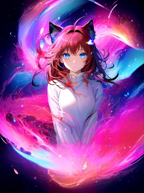 (masterpiece, best quality, highres), anime art style, pixiv, 1girl, solo,
supernova, abstract, abstract background, (bloom, swirling lights, light particles),
fire, galaxy, floating, romanticized, blush, looking at viewer,
dark red hair, blue eyes, straight hair, cat ears,
medium breasts, mature female, white sweater,