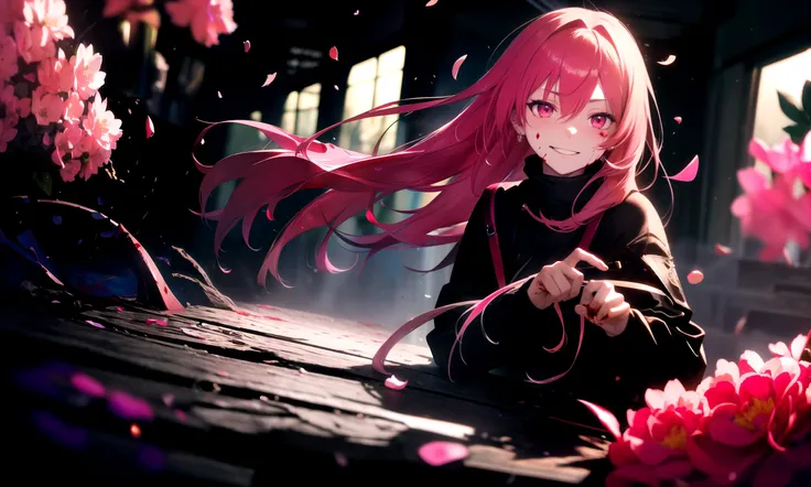 masterpiece, best quality, highres booru, 1girl, solo,
depth of field, rim lighting, flowers, petals, abstract, blood splatter,
pink hair, pink eyes, blood on face, blush, slight evil smile,