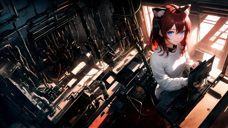 (masterpiece, best quality, highres), 1girl, raifu, solo, mad scientist, close-up, from above,
BREAK
backrooms, horror \(theme\), indoors, dark, rim lighting, blood,
science fiction, machinery, gears, electricity, industrial,
BREAK
dark red hair, blue eyes, straight hair, cat ears, crazy smile,
(medium breasts:0.8), mature female, white sweater,
