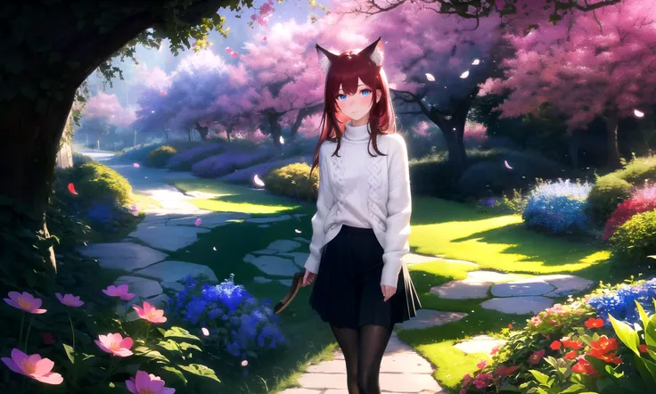 masterpiece, best quality, highres, 1girl, solo, abstract, colorful,
scenery, depth of field, rim lighting, flowers, petals, butterfly, vegetation,
raifu, dark red hair, straight hair, long hair, blue eyes, cat ears,
(medium breasts:0.8), mature female, white sweater, blush,