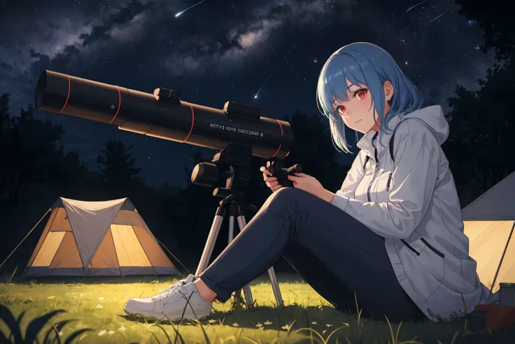 1Girl,mature woman,blue hair,red eyes,casual and scientific outfit,at night,grassland,(camping Tent:0.5),(she is looking through a large telescope at the stars:1.1),sitting,stargazing,best quality,extremely detailed,high resolution,4K,Realistic,To scale,