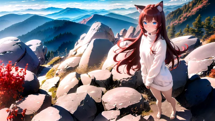(masterpiece, best quality, highres), scenery, mountainous horizon,
BREAK
1girl, solo, raifu, dark red hair, blue eyes, straight hair, cat ears, blush, praying,
(medium breasts:0.8), mature female, white sweater, emotional, full body,