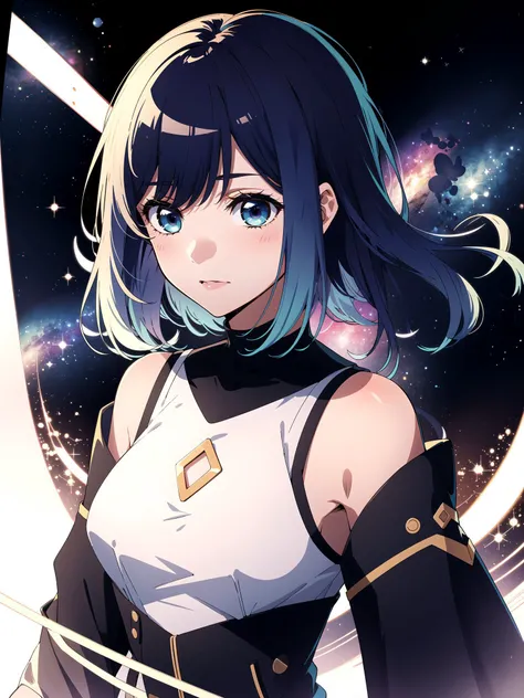 (masterpiece, best quality, highres), (1girl, (mature female), kurokawaakane\(1zgame\), <lora:1zgame_kurokawaakane_v1:0.5>), (upper body, floating, space, galaxy, colorful),