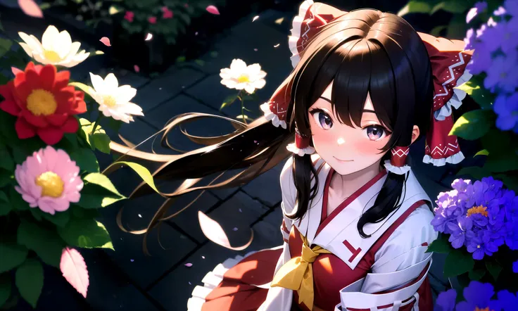 masterpiece, best quality, highres booru, 1girl, solo,
depth of field, rim lighting, flowers, petals, from above,
hakurei reimu, blush, slight smile, close-up,