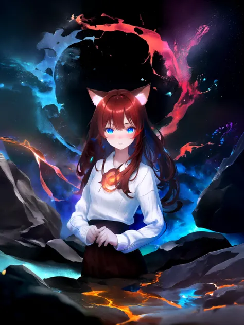 low quality, worst quality, highres, 1girl, solo,
bioluminescence, depth of field, rim lighting, scenery,
fire, magma, elemental, swirling soul lights, magic,
raifu, dark red hair, blue eyes, straight hair, cat ears, blush,
(medium breasts:0.8), mature female, white sweater, looking at viewer,