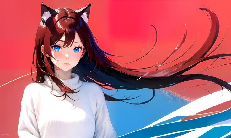 (masterpiece, best quality, highres), 1girl, solo, abstract, simple background,
dark red hair, blue eyes, straight hair, cat ears, blush,
(medium breasts:0.8), mature female, white sweater,