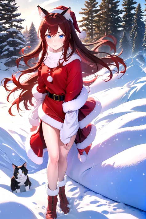 (masterpiece, best quality, highres), 1girl, solo, pov, snow, forest, christmas,
raifu, dark red hair, blue eyes, straight hair, cat ears, blush, santa hat,
(medium breasts:0.8), mature female, santa costume, full body,