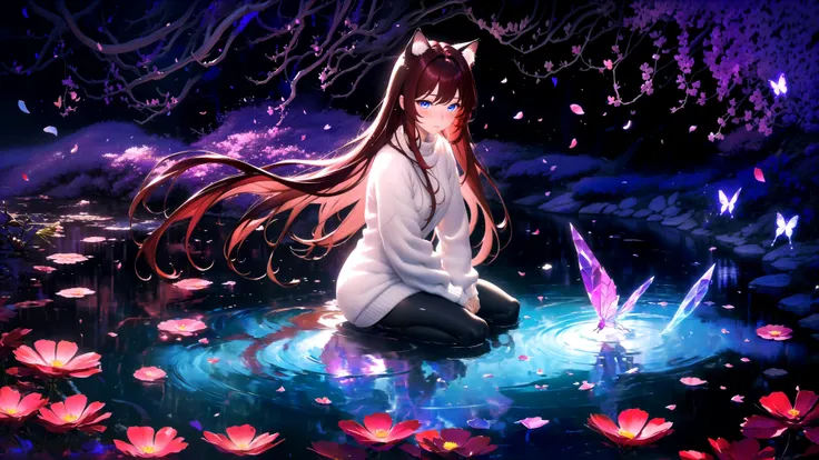 (masterpiece, best quality, highres), 1girl, raifu, solo, abstract, pov, seiza,
BREAK
dark background, depth of field, rim lighting, flowers, petals,
crystals, cave, butterfly, vegetation, aura, magic, water,
BREAK
dark red hair, blue eyes, straight hair, cat ears, blush,
(medium breasts:0.8), mature female, white sweater,