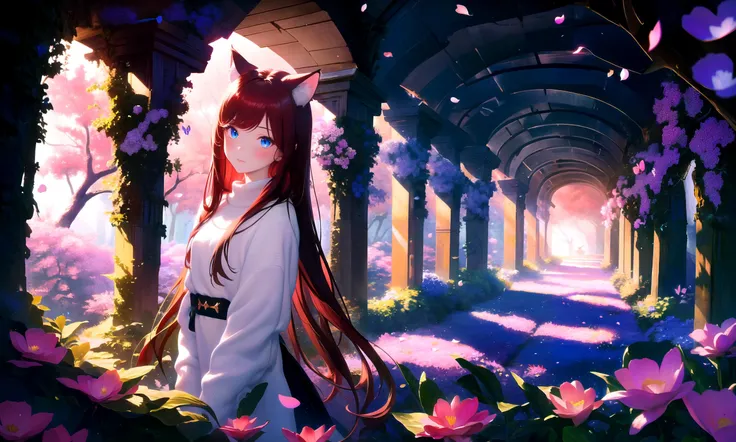 masterpiece, best quality, highres, 1girl, solo, abstract,
BREAK
scenery, depth of field, rim lighting, flowers, petals,
cave, butterfly, vegetation, aura, magic,
BREAK
raifu, dark red hair, straight hair, blue eyes, cat ears,
(medium breasts:0.8), mature female, white sweater, blush,