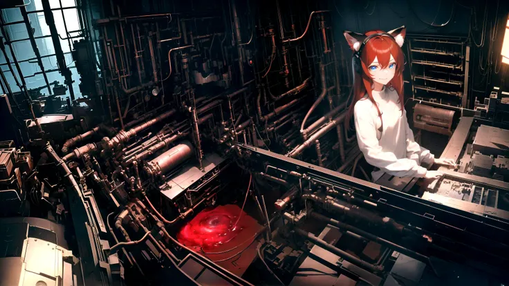 (masterpiece, best quality, highres), 1girl, raifu, solo, mad scientist, close-up, from above,
BREAK
backrooms, horror \(theme\), indoors, dark, rim lighting, blood,
science fiction, machinery, gears, electricity, industrial,
BREAK
dark red hair, blue eyes, straight hair, cat ears, crazy smile,
(medium breasts:0.8), mature female, white sweater,
