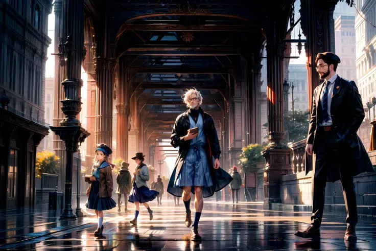 (magic:1.5), (magic powers:1.5), akashic records, (arcane magic:1.3), magic tools, library, magic artifacts, magic books, 
((3 girls and 2 boys):1.3), 
A tightly-knit group with diverse personalities, showcasing camaraderie and friendship.
( (one girl has red hair with a white uniform dress):1.1), 
The red-haired girl exudes an aura of confidence. Her white uniform dress is adorned with subtle magical symbols, hinting at her proficiency in mystical arts.
((one girl is blond wearing a light blue skirt), (one girl has black hair with a book in hand and wears a purple dress and knee high white socks):1.1),
The blond girl radiates a gentle charm in her light blue skirt, while the black-haired companion carries a book filled with ancient spells. Their contrasting styles symbolize the diversity of magical talents.
 ((one of the boys is a middle aged muscular male professor with dark brown skin tone, grey hair, and a beard wearing a brown jacket, dark skin, beret hat):1.1), 
The middle-aged professor stands as a pillar of wisdom and strength, His brown jacket is adorned with magical insignias, reflecting his years of experience in teaching the arcane arts. He wears a gardener's hat with a flower in it and a towel around his neck.
((one boy is a student with white hair and glasses):1.2), (magic academy:1.3), 
The student boy with white hair and glasses possesses an inquisitive gaze, signifying his eagerness to learn and unravel the mysteries of magic.
masterpiece, portrait, 
 The composition should be a captivating portrait, showcasing the characters' personalities and magical prowess in a full-body shot.
full body shot, 
<lora:add_detail:0.5> <lora:DW-000008:0.1> <lora:LAS:0.4>  <lora:hairdetailer:0.4> <lora:more_details:0.4> <lora:JZCG022-Citywalker:0.4> JZCG022 <lora:fstyle03-000005:0.6>