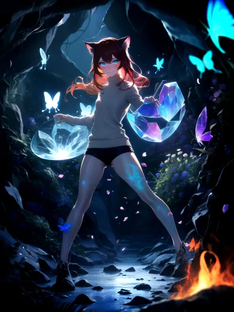 masterpiece, best quality, highres booru, 1girl, solo, abstract, fire,
bioluminescence, depth of field, flowers, petals, scenery, light particles,
cave, crystals, butterfly, vegetation, aura, magic, swirling lights of souls,
raifu, dark red hair, straight hair, long hair, blue eyes, cat ears, blush,
(medium breasts:0.8), mature female, white sweater, slight evil smile,