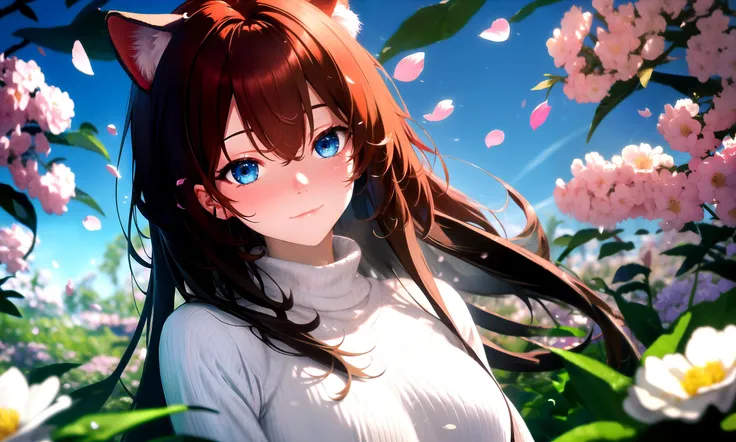 masterpiece, best quality, highres booru, 1girl, solo, abstract, colorful,
scenery, depth of field, rim lighting, flowers, petals, butterfly, close-up,
raifu, dark red hair, straight hair, long hair, blue eyes, cat ears, blush,
(medium breasts:0.8), mature female, white sweater, slight smile, upper body,