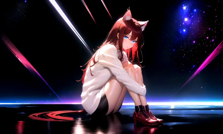 (masterpiece, best quality, highres), 1girl, solo, abstract, full body, pov, sitting,
dark background, pitch black background, rim lighting, soul lights, empty space,
BREAK
raifu, dark red hair, blue eyes, straight hair, cat ears, looking down, emotional,
(medium breasts:0.8), mature female, white sweater, hugging own legs, (tears:0.8),