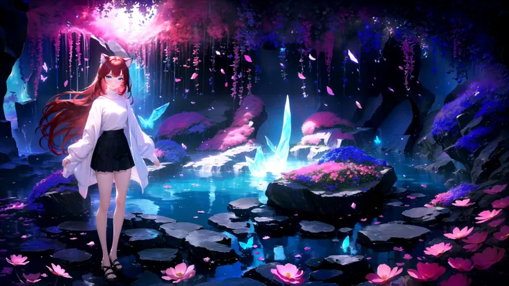 (masterpiece, best quality, highres), 1girl, raifu, solo, abstract, pov, full body,
BREAK
dark background, depth of field, rim lighting, flowers, petals,
crystals, cave, butterfly, vegetation, aura, magic, water,
BREAK
dark red hair, blue eyes, straight hair, cat ears, blush,
(medium breasts:0.8), mature female, white sweater,