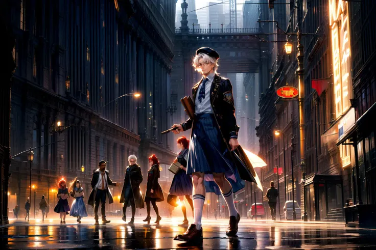 (magic:1.5), (magic powers:1.5), akashic records, (arcane magic:1.3), magic tools, library, magic artifacts, magic books,
((3 girls and 2 boys):1.3),
A tightly-knit group with diverse personalities, showcasing camaraderie and friendship.
( (one girl has red hair with a white uniform dress):1.1),
The red-haired girl exudes an aura of confidence. Her white uniform dress is adorned with subtle magical symbols, hinting at her proficiency in mystical arts.
((one girl is blond wearing a light blue skirt), (one girl has black hair with a book in hand and wears a purple dress and knee high white socks):1.1),
The blond girl radiates a gentle charm in her light blue skirt, while the black-haired companion carries a book filled with ancient spells. Their contrasting styles symbolize the diversity of magical talents.
((one of the boys is a middle aged muscular male professor with dark brown skin tone, grey hair, and a beard wearing a brown jacket, dark skin, beret hat):1.1),
The middle-aged professor stands as a pillar of wisdom and strength, His brown jacket is adorned with magical insignias, reflecting his years of experience in teaching the arcane arts. He wears a gardener's hat with a flower in it and a towel around his neck.
((one boy is a student with white hair and glasses):1.2), (magic academy:1.3),
The student boy with white hair and glasses possesses an inquisitive gaze, signifying his eagerness to learn and unravel the mysteries of magic.
masterpiece, portrait,
The composition should be a captivating portrait, showcasing the characters' personalities and magical prowess in a full-body shot.
full body shot,
<lora:add_detail:0.5> <lora:DW-000008:0.1> <lora:LAS:0.4> <lora:hairdetailer:0.4> <lora:more_details:0.4> <lora:JZCG022-Citywalker:0.4> JZCG022 <lora:fstyle03-000005:0.6>