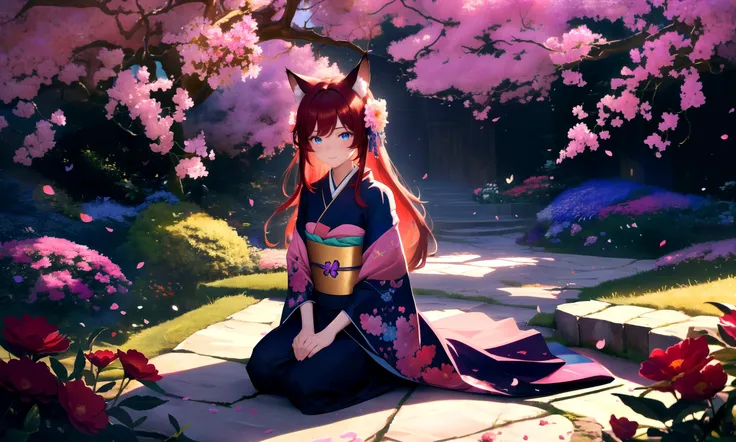 masterpiece, best quality, highres booru, 1girl, solo, abstract, colorful,
scenery, depth of field, rim lighting, flowers, petals, butterfly, vegetation, aura, magic,
BREAK
raifu, dark red hair, straight hair, blue eyes, cat ears, blush, seiza,
(medium breasts:0.8), mature female, kimono, slight smile,