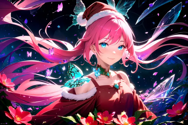 (masterpiece, best quality, highres), 1girl, solo, abstract, pov, close-up,
BREAK
dark background, depth of field, rim lighting, flowers, petals,
crystals, cave, butterfly, vegetation, aura, magic, christmas,
BREAK
pink hair, aqua eyes, ponytail, smile, blush, santa costume, santa hat, looking at viewer,