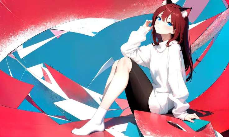 (masterpiece, best quality, highres), 1girl, solo, abstract, simple background,
dark red hair, blue eyes, straight hair, cat ears, blush,
(medium breasts:0.8), mature female, white sweater, full body,