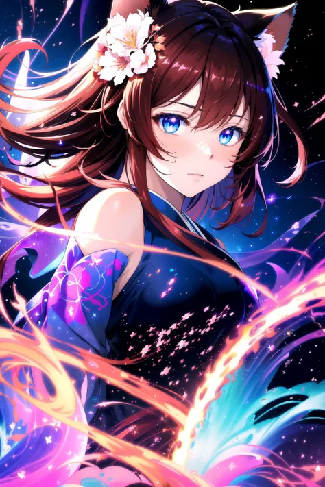 (masterpiece, best quality, highres), anime art style, pixiv, 1girl, solo,
abstract, abstract background, (bloom, swirling lights, light particles),
fire, galaxy, floating, romanticized, blush, looking at viewer, close-up,
dark red hair, blue eyes, straight hair, cat ears,
medium breasts, mature female, japanese dress,