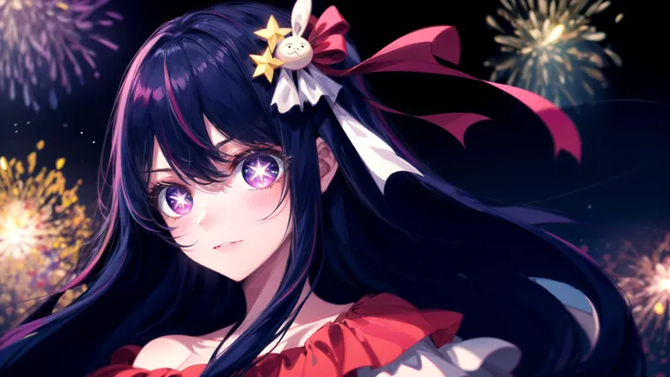 (masterpiece, best quality), ((1girl, (mature), Hoshino Ai, <lora:HoshinoAi_v9:1>), (purple hair, long hair, streaked hair, beautiful hair, hair ornament), (purple eyes, star-shaped pupils, +_+, symbol-shaped_pupils, sparkling_eyes, beautiful eyes, eye highlights, sharp eyes), (looking at the viewer, off shoulder)), (simplier background, dark background, fireworks), (highres, chromatic aberration), (<lora:yike:0.7>, <lora:add_detail:1>),