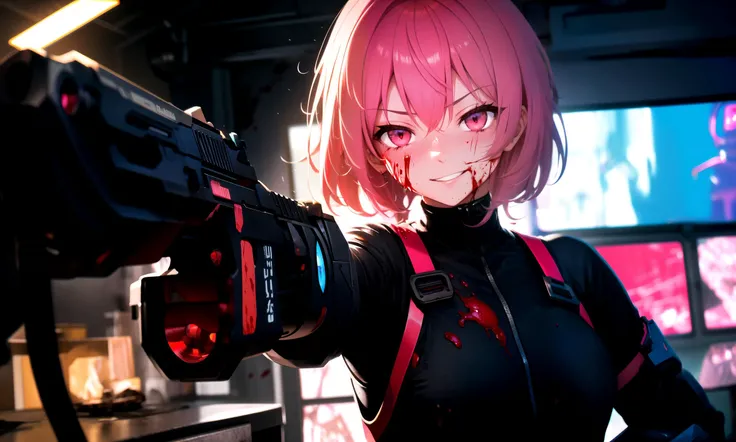 masterpiece, best quality, highres booru, 1girl, solo, upper body,
depth of field, rim lighting, abstract, blood splatter, science fiction,
pink hair, pink eyes, blood on face, blush, slight evil smile, threatening, gun,
